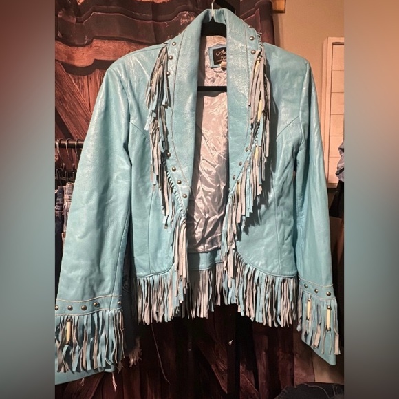 Vintage Jackets & Blazers - Vintage Blue Leather Fringe Bohemian Style Jacket Size Medium